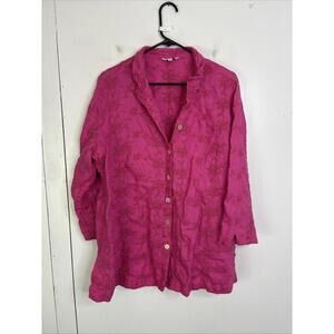 John Mark Top Womens 1X Button Up Embroidered Linen Pink Lagenlook Artsy